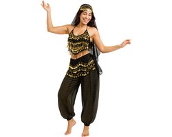 Joya Party® Buikdanseres Verkleedset Volwassenen | Gypsy Bellydance Outfit | Zwarte Harem Broek met Gouden Munten Buikdans | Oriëntaalse Dansset | Verkleedkleding Carnaval en Halloween | Duizend en een Nacht | Arabische Kostuum Vrouw