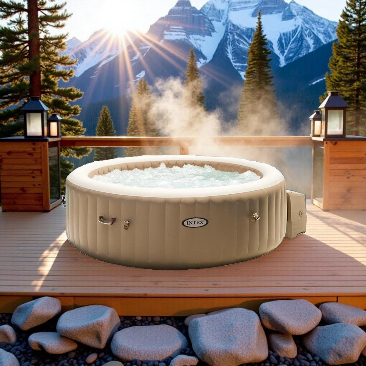 Luxe Opblaasbare Jacuzzi Spa – 4 Personen – Bubbelbad met 120 Massagejets – Verwarmd Water tot 40°C – Sterke Fiber-Tech Constructie – Inclusief Afdekhoes & Filterpomp – 196x196x71 cm – Bruin