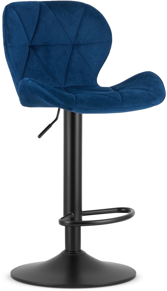 Barkruk WEST – Velvet Donkerblauw, Zwarte Basis, Rugleuning, Verstelbare Hoogte, 360° Draaibaar, Comfortabele Voetsteun, Antislip Onderstel, Modern Design, Max. 110 kg