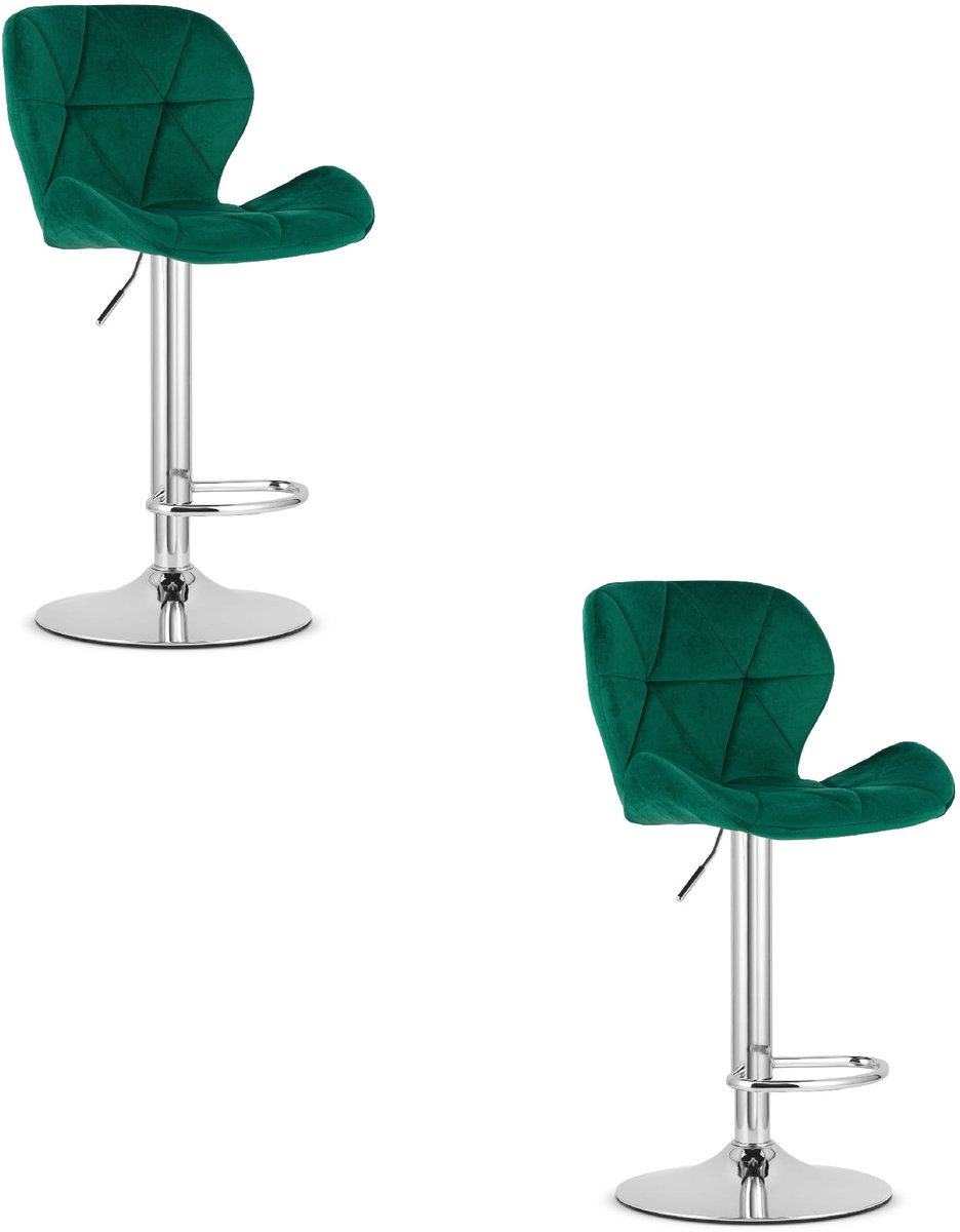 Set van 2 Barkrukken WEST – Velvet Groen, Chromen Basis, Rugleuning, Verstelbare Hoogte, 360° Draaibaar, Comfortabele Voetsteun, Antislip Onderstel, Modern Design, Max. 110 kg