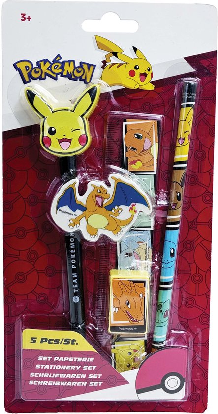 Pokémon schrijfwarenset 5-delig – met potloden, gum, liniaal, puntenslijper – Voor jongens en meisjes – Schoolset met Pikachu & Charizard