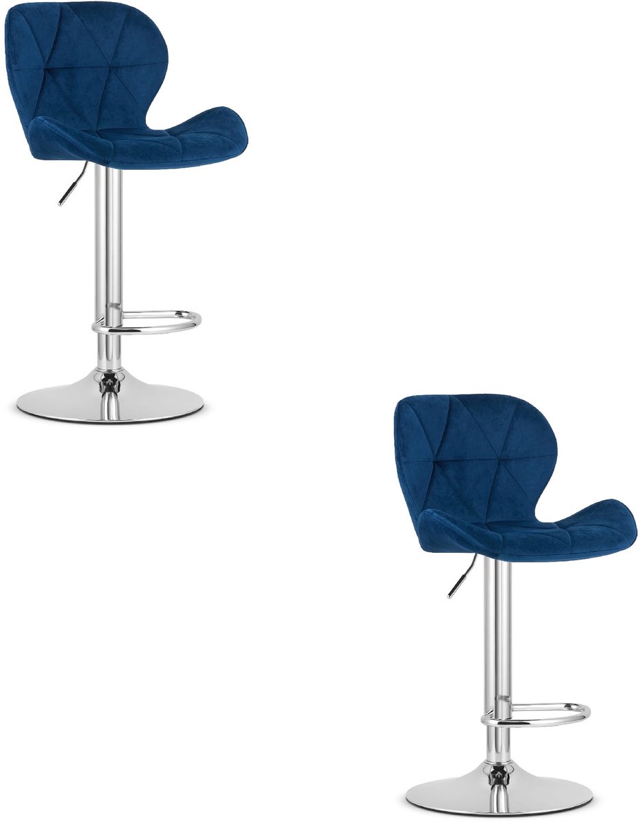 LEOBERT Set van 2 Barkrukken WEST – Velvet Donkerblauw, Chromen Basis, Rugleuning, Verstelbare Hoogte, 360° Draaibaar, Comfortabele Voetsteun, Antislip Onderstel, Modern Design, Max. 110 kg donkerblauw / chromen