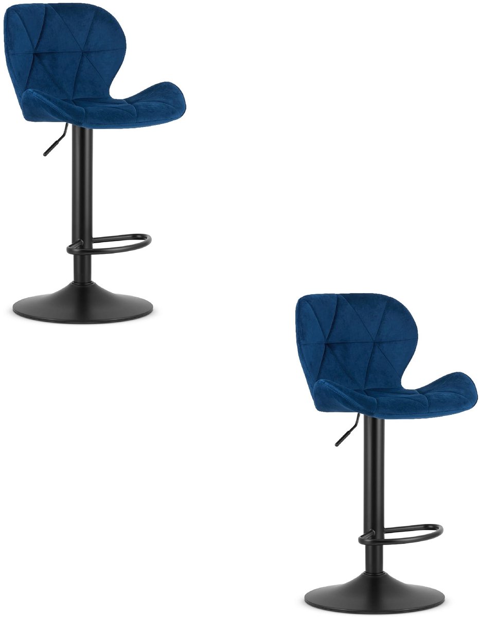 Set van 2 Barkrukken WEST – Velvet Donkerblauw, Zwarte Basis, Rugleuning, Verstelbare Hoogte, 360° Draaibaar, Comfortabele Voetsteun, Antislip Onderstel, Modern Design, Max. 110 kg