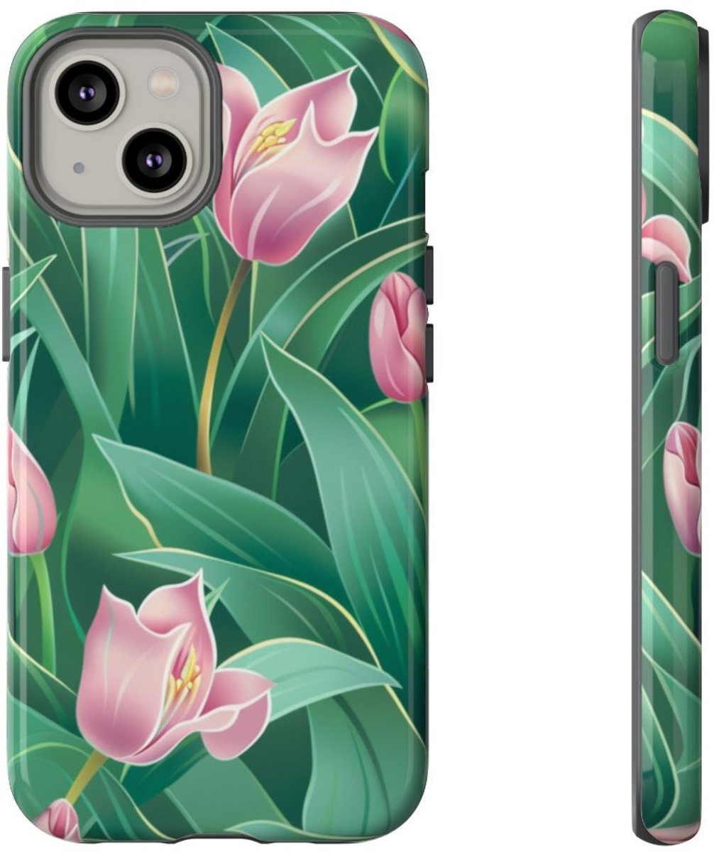 Roze Tulp Bloemenpatroon – Telefoonhoesje Geschikt voor iPhone 14