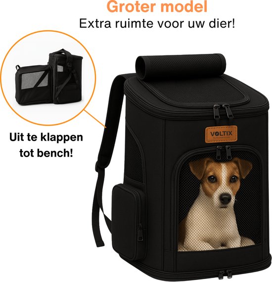 Foto: Voltix premium grote hondenrugzak groot 47 x 37 x 33 cm tot 10kg met uitklapstuk bench reistas hond reistas kat zwart