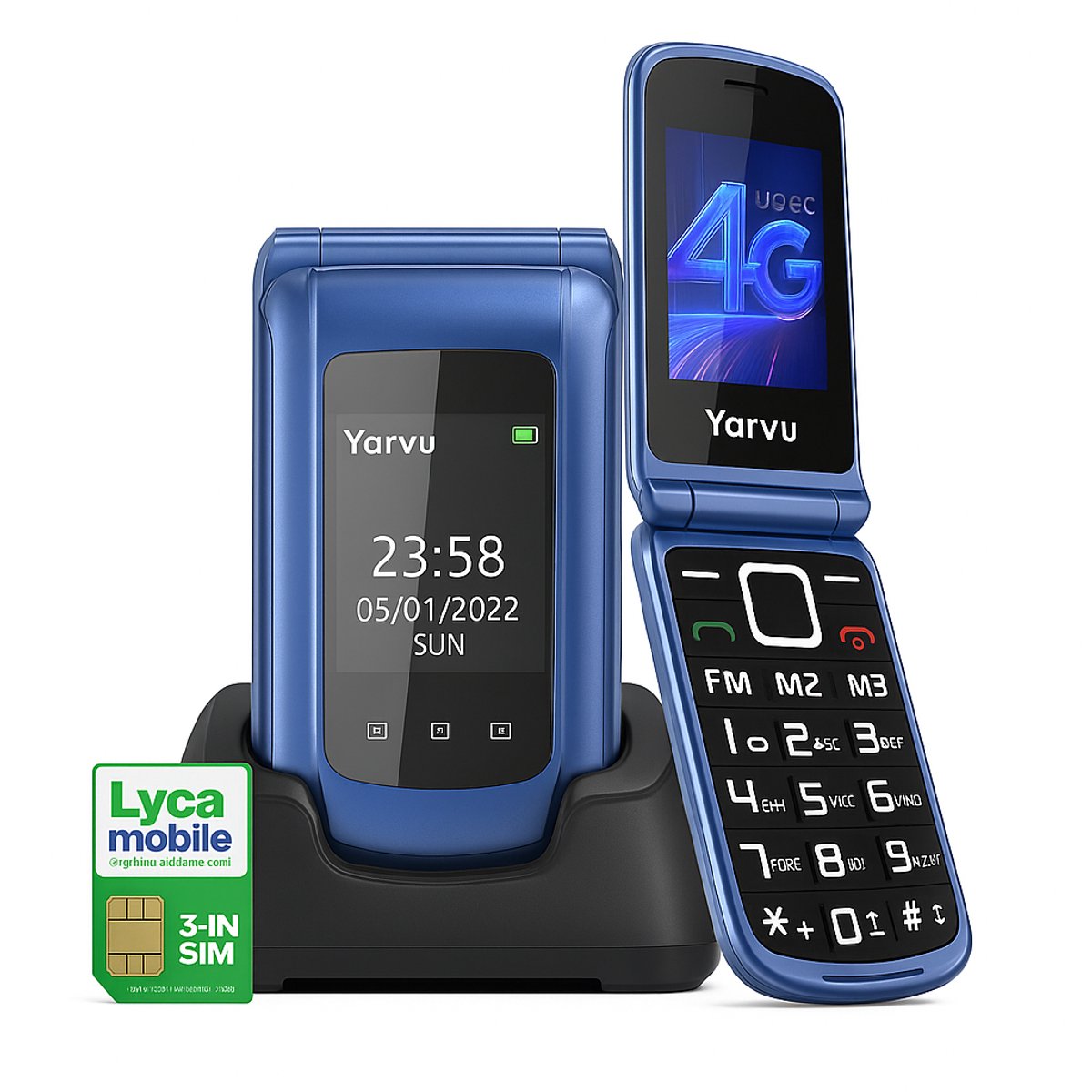 Yarvu - Flip 1 - 4G Senioren GSM + Simkaart Geleverd + Oplaadstation - Dual Sim - Dual Scherm - Big Button Mobiele Telefoon - Grote Toetsen & Cijfers - SOS Knop - Mobiel - Ouderen - Blauw