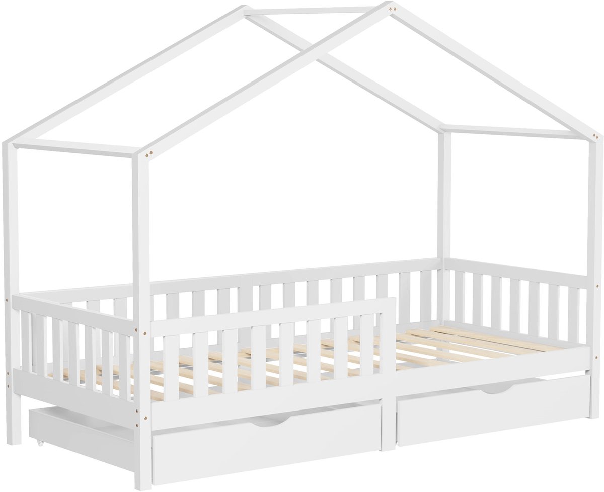 ml-design kinderbed huisbed 90x200 cm wit houten bed met 2 lades valbeveiliging lattenbodem en dak speelbed van massief grenenhout Montessori vloerbed kinderkamer bedframe speelhuis bed voor kinderen meisjes jongens juniorbed houten kinderhuisbed