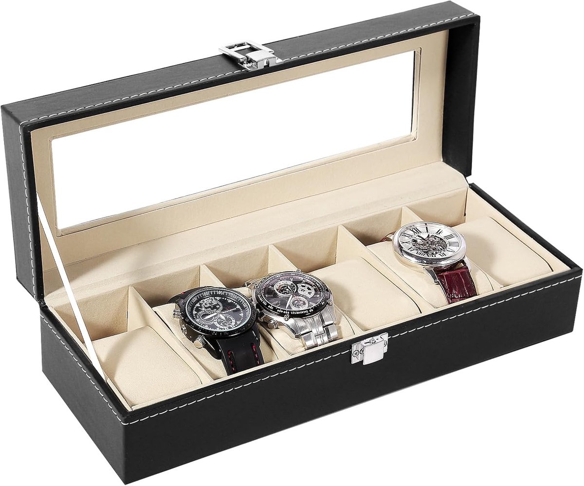 Horlogedoos - Horloge-opbergdoos - Sieraden-opbergdoos - Horlogedoos met 6 vakken - met groot glazen deksel - Horlogedisplaydoos - Geschikt voor horloges, armbanden, verzamelobjecten en andere accessoires - Zwart