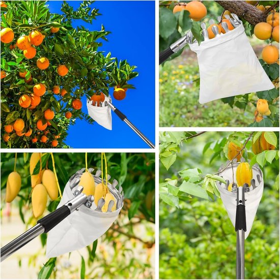 TOVBMUP 3,2m Telescopische Grijper - Fruitplukker met 16cm Katoenen Zak - 8-delige Verlengstang - Roestvrijstalen Tanden Beschermen Fruit - Geschikt voor Appels, Peren en Citrusvruchten - Duurzaam RVS Materiaal - Incl. 1 Plukzak en Verstelbare Steel van Tovbmup — afbeelding 4