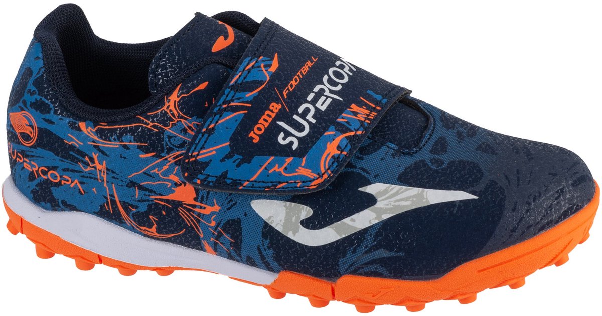 Marineblauwe Joma Super Copa Jr 24 SCJW IN voetbalschoenen voor jongens, maat 28, met synthetisch leder en oranje details.