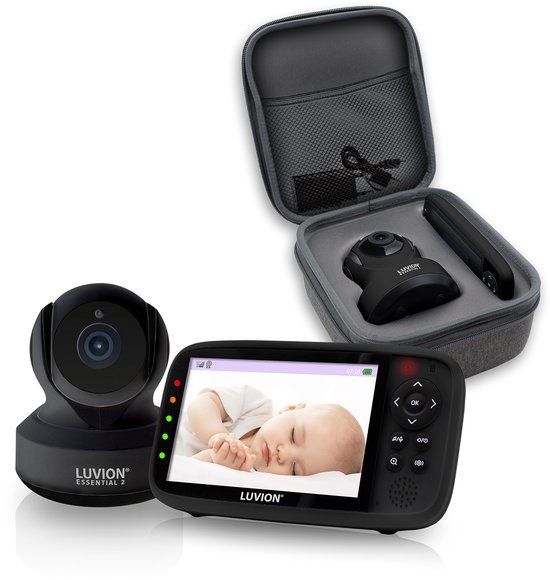 LUVION® Essential 2 Black Babyfoon + Protection Case – Babyfoon met Camera – Uitbreidbaar tot 4 Baby Camera's