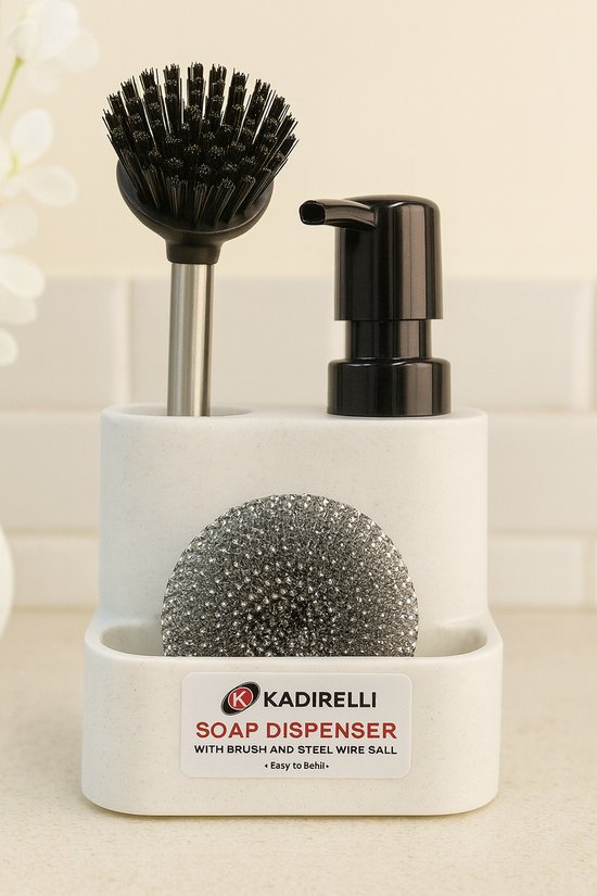 Kadirelli - Set distributeur de savon Design - Wit/ Zwart - Avec brosse et éponge en acier inoxydable