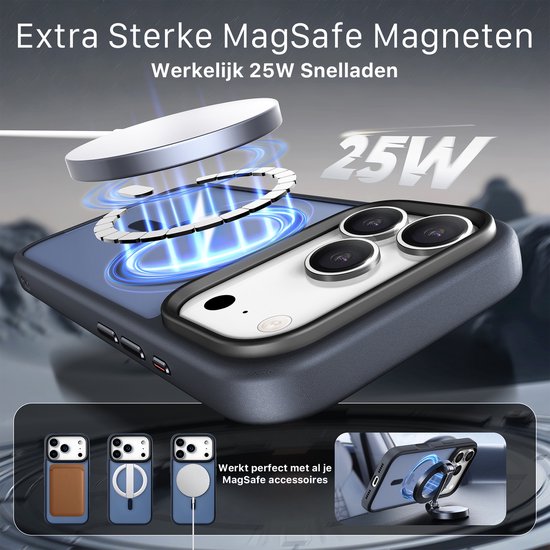 Blauw hoesje met MagSafe magneten voor 25W snelladen, toont diverse MagSafe accessoires.