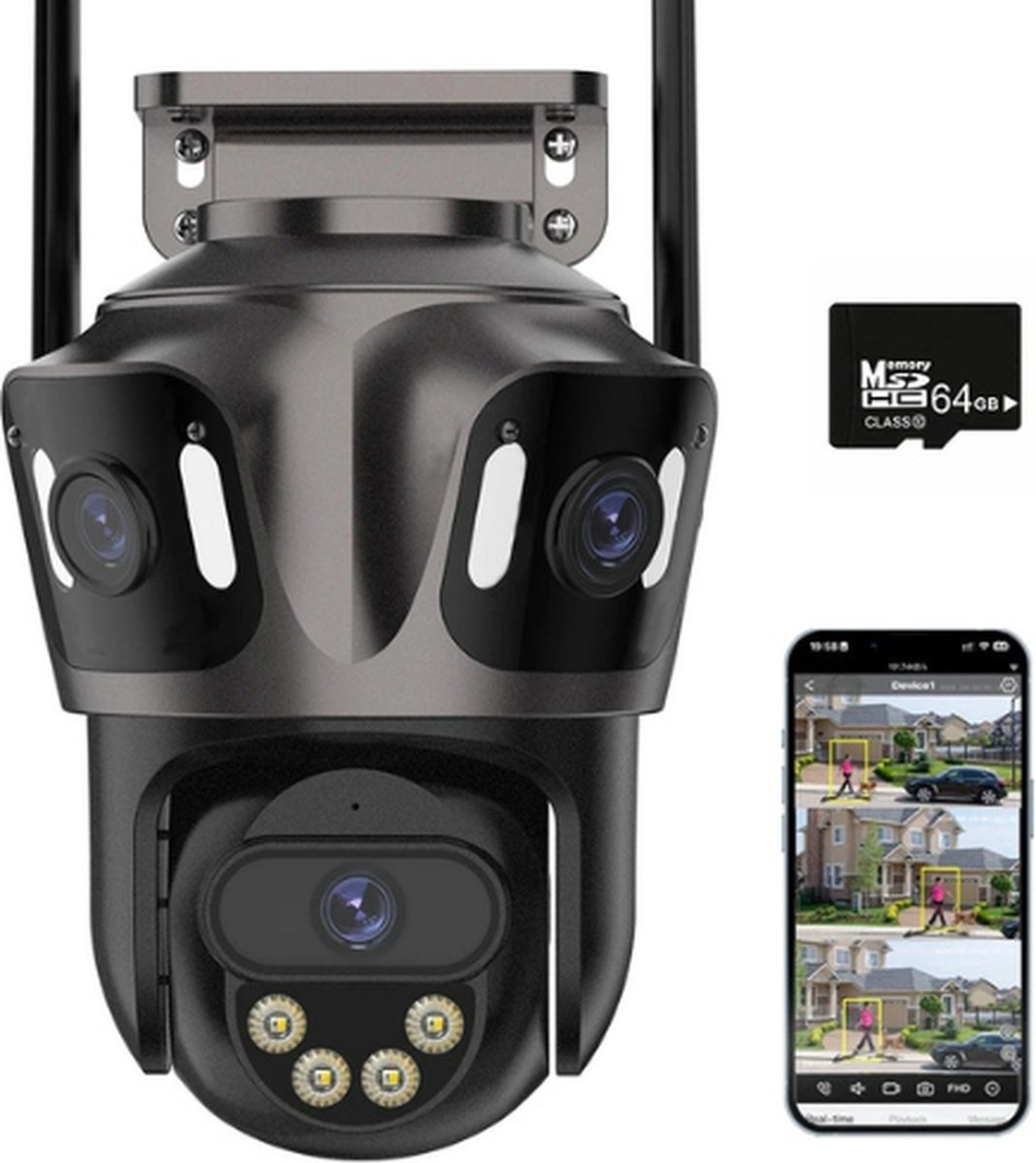 QPFO® Beveiligingscamera buiten – 360° auto tracking – drie lens design – nachtzicht – inclusief 64GB SD kaart – zwart