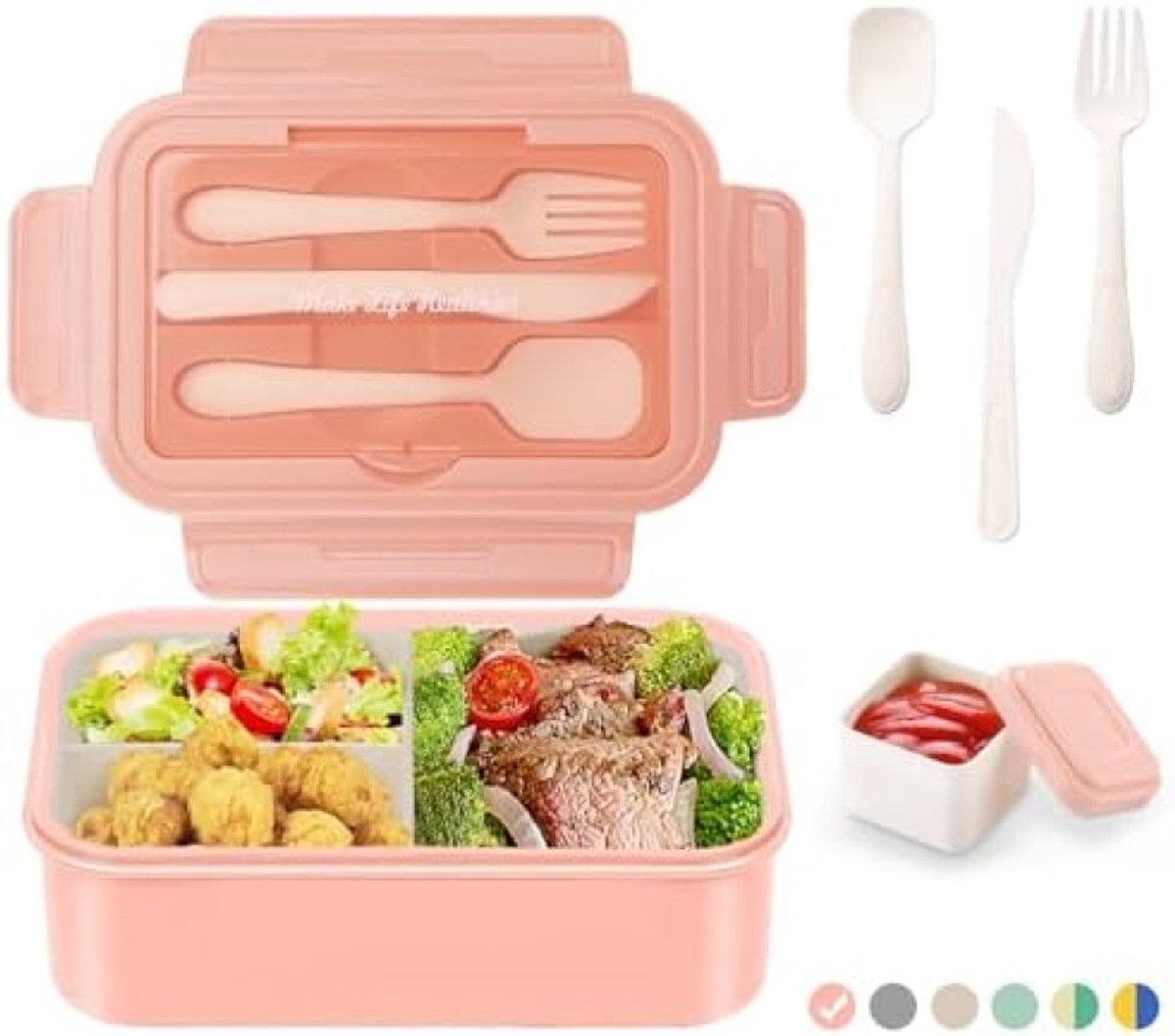 Lunchbox met 3 vakken en bestek - 1400 ml - Magnetron- en vaatwasserbestendig - Roze - Voor school, werk, picknick en reizen