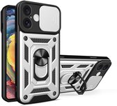 MobyDefend Hoesje - Geschikt voor iPhone 17 - Pantsercase Met Draaibare Ring - Zilvergrijs