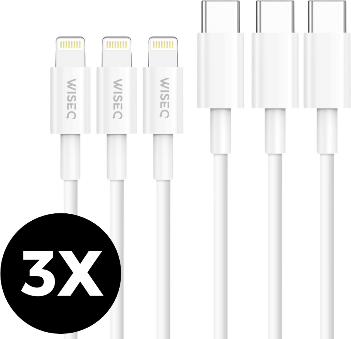 Image of USB C naar Lightning kabel 1 meter – USB C snellaadkabel – set van 3 – wit – geschikt voor iPhone en iPad – WiseQ