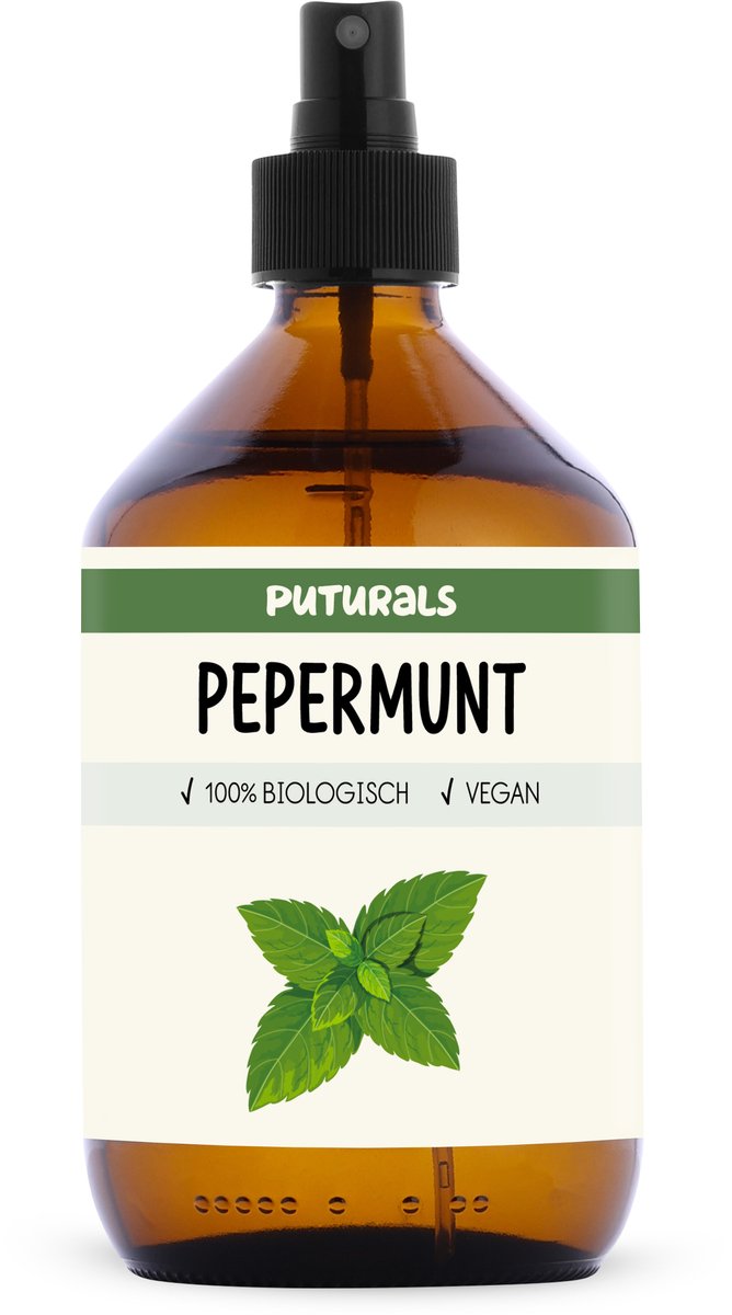 Puturals Pepermuntwater 100% Biologisch - 500ml - Puur en Vegan - Pepermunt Spray voor Huid en Haar - Zonder Alcohol - Bijproduct van Pepermunt Olie - Bruine Glazen Fles + Verstuiver