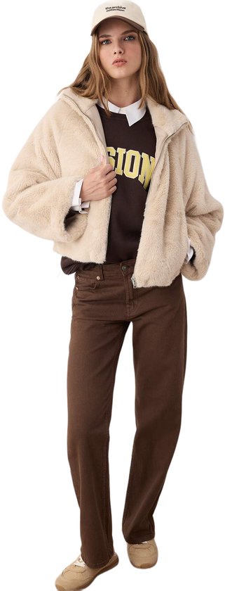 Trendyol Ecru Oversized Patroon Mouwen Brede Bontjas Twoaw26Mo00022