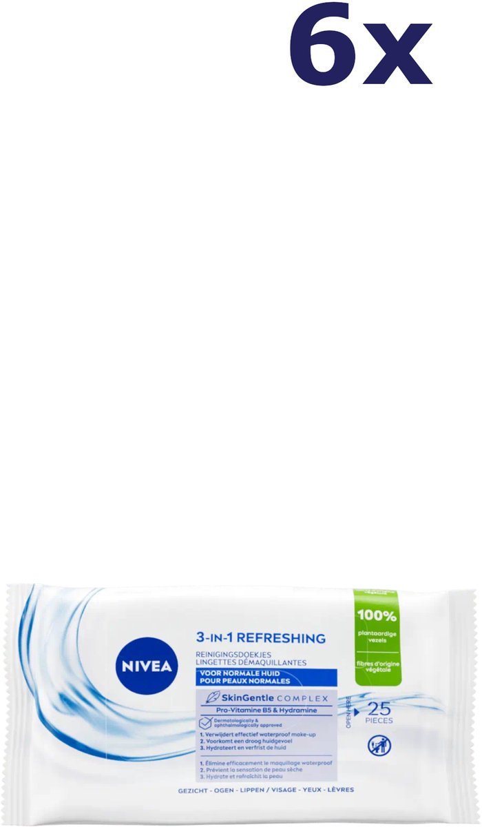 6x Nivea 3 In 1 Refreshing Cleansing gezichtsreinigingsdoekjes 25st