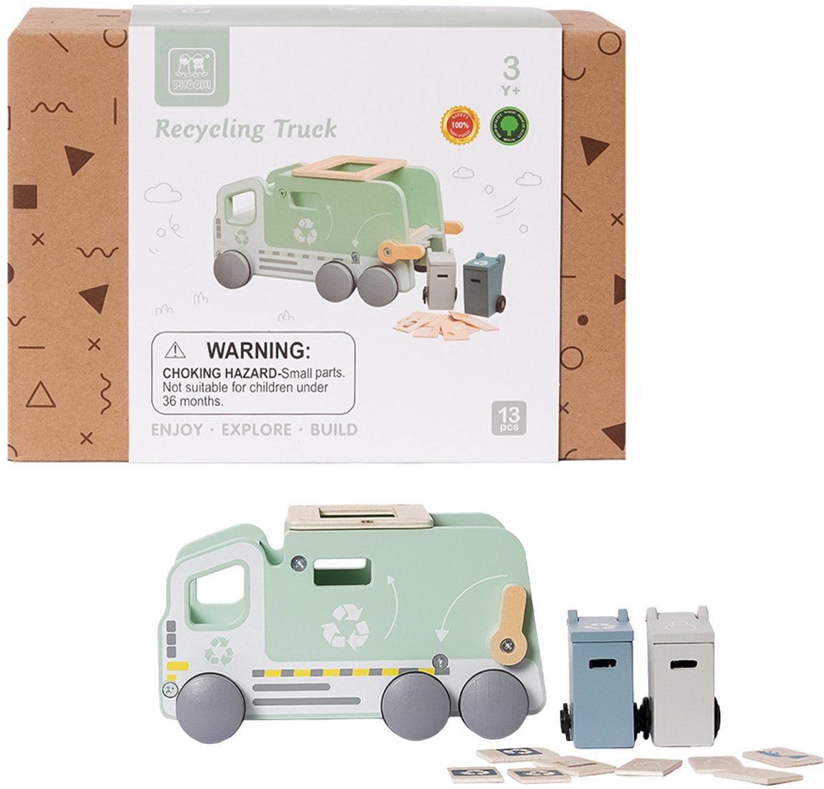 Speelgoedtopdeals - Houten Vuilniswagen - Speelset - 13-delig pastelkleur - Montessori Educatief Speelgoed voor Peuters – Stimuleert Motoriek & Fantasie