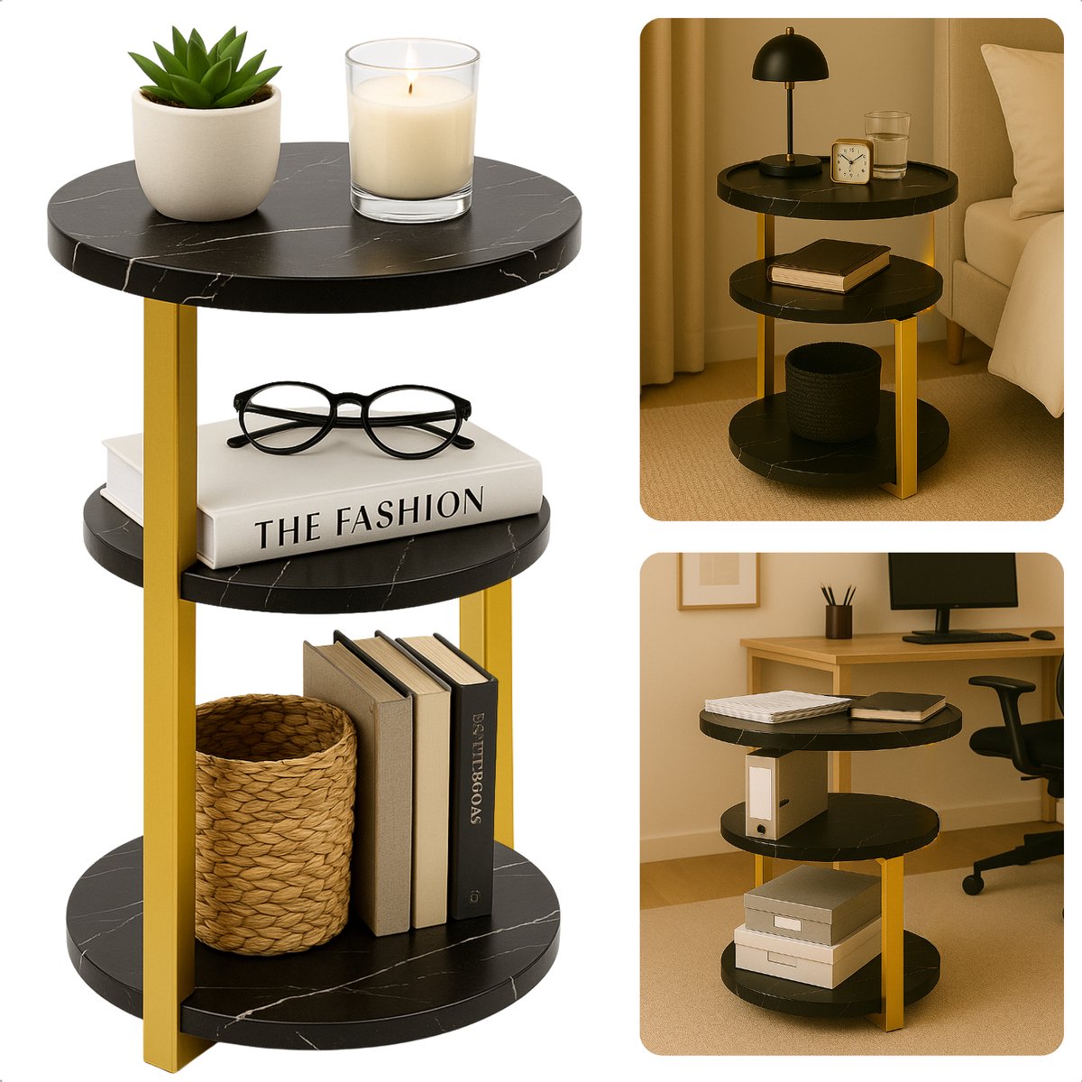 Cheqo Moderne Bijzettafel - Bijzet Tafel Zwart Goud - Goudkleurig Metalen Frame - MDF Plateau - Zwart Gemarmerd - Ronde Bijzettafel - Stijlvolle Bijzettafel - Bijzettafel Woonkamer - Luxe Design - Moderne Uitstraling - Compacte Bijzettafel Multi