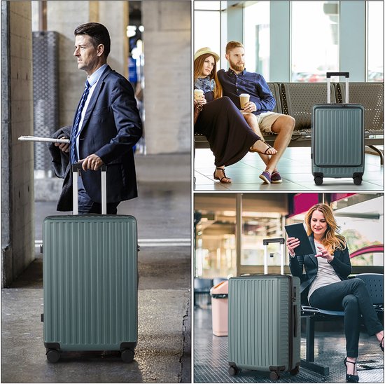 Collage van een man met koffer in station, en reizigers met koffers in wachtruimte.