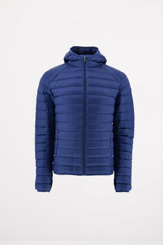 Blauwe JOTT jas met capuchon, ritssluiting en horizontale banen