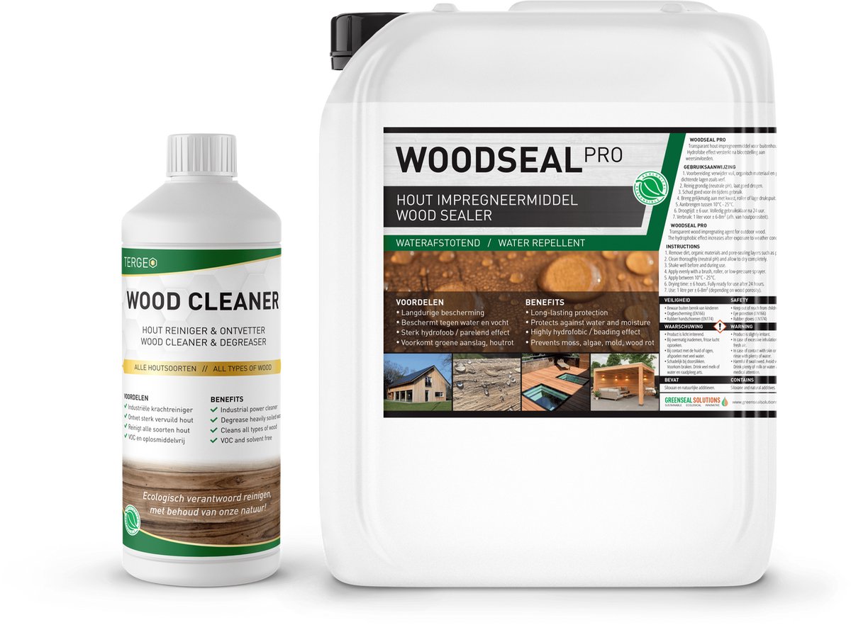 Douglas hout behandelen - Hout schoonmaken - Hout waterdicht maken - Tuinhout impregneren - Nano Coating - Woodseal Pro 10L / 60m² + Houtreiniger 1L concentraat