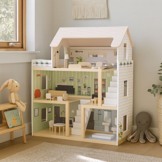Maxx Kidz - Houten Poppenhuis met Meubels - Dollhouse van Hout - Kinderspeelgoed voor Jongens en Meisjes - Inclusief Accessoires & Led Strip - 80 cm