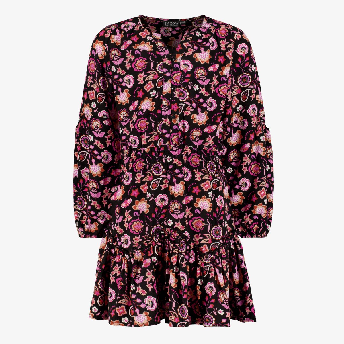 TwoDay meisjes jurk met bloemenprint zwart roze - Maat 134