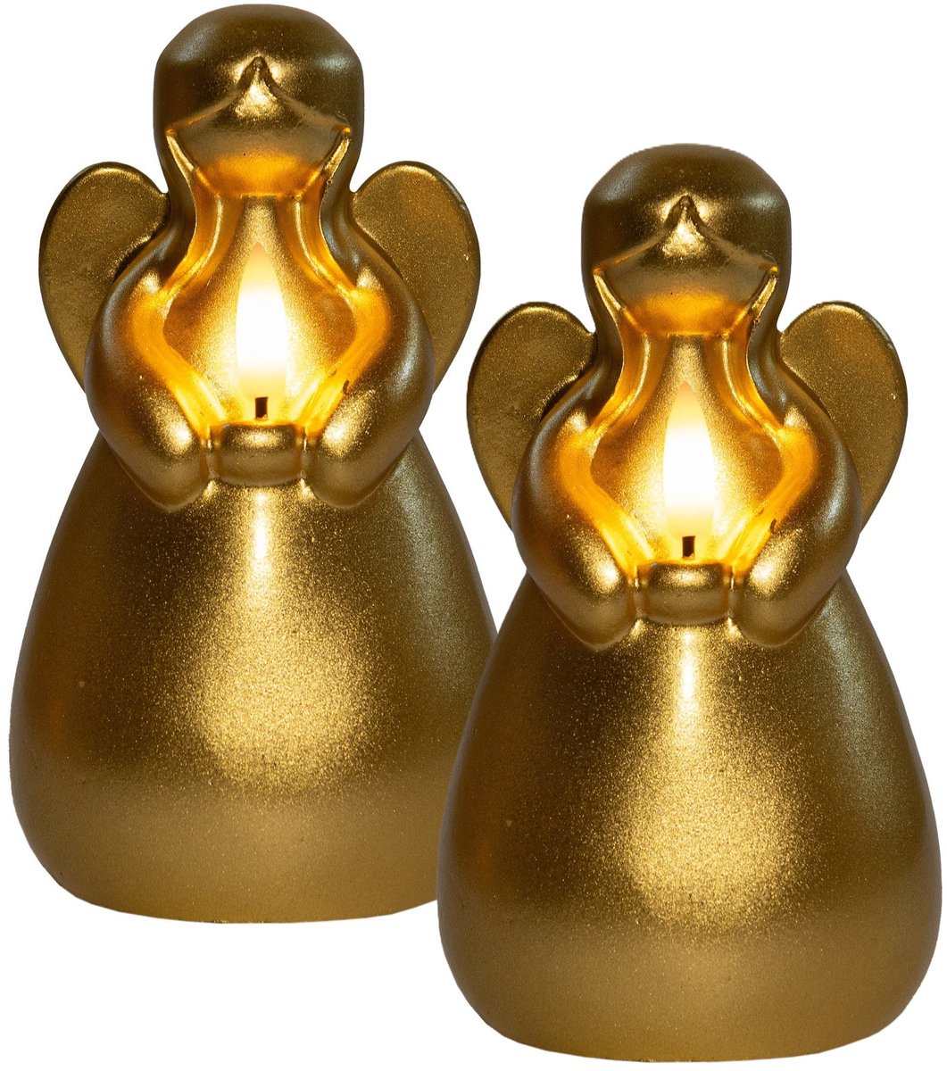 Anna's Collection LED kaars engel - 2x - goud - 14 x 8 cm - met timer - op batterijen - kerst - kerstkaarsen