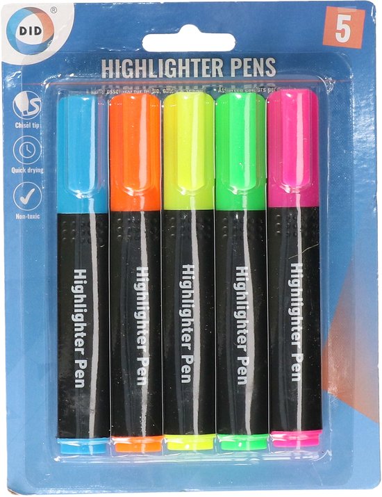Surligneurs DID - Pack de 5 - Mélange de couleurs fluorescentes - Surligneurs - Séchage rapide