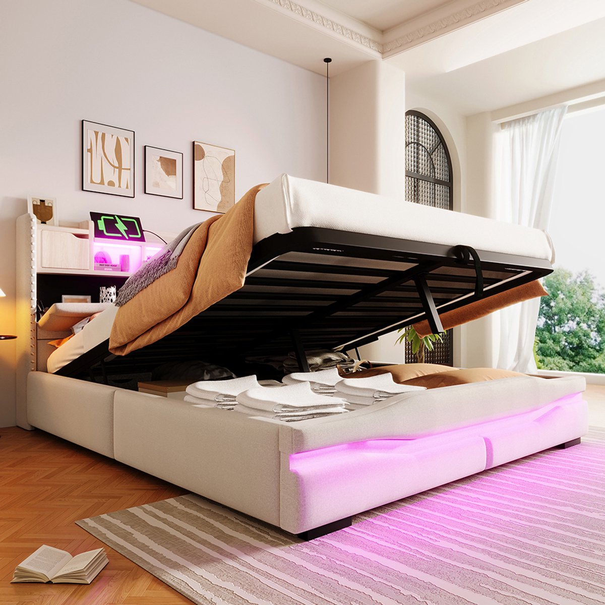 KOMHTOM Gestoffeerd bed, 160 x 200 cm, met USB-aansluiting, oplaadfunctie, sfeerverlichtingsstrip met afstandsbediening onder het bed, hoofdeinde met opbergvak, bed met hydraulisch opbergvak, zonder matras, met LED-lampjes, beige