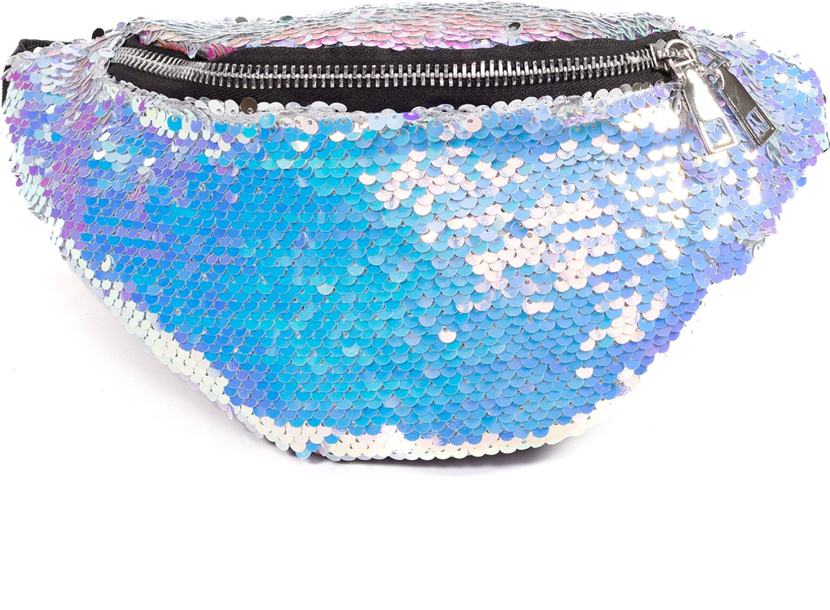 KIMU® Heuptasje Pailletten Iridescent Parelmoer Zilver - Fanny Pack Met Twee Vakken - Zwarte Band - Tasje Heuptasje Festival