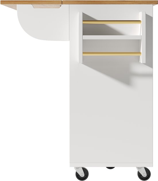 Îlot de cuisine, meuble de cuisine, meuble de cuisine, îlot de cuisine indépendant, buffet, 120 x 73 (45) x 93 cm, desserte de cuisine extensible avec roulettes, porte-serviettes, étagère à épices, étagères réglables, blanc