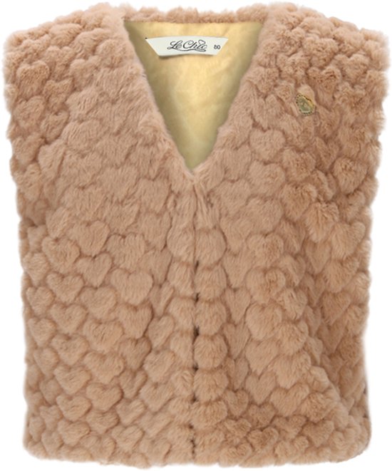Bruin nepbont gilet met hartjespatroon en gele voering.