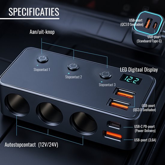 Auto Sigarettenaansteker Splitter - 12V/24V USB Autolader Adapter - Auto Oplader met 9 Aansluitingen - 4 USB + 2 USB-C + 3 Sigarettenaanstekers - 171W Verdeler / Omvormer - Autostekker van Merkloos — afbeelding 2