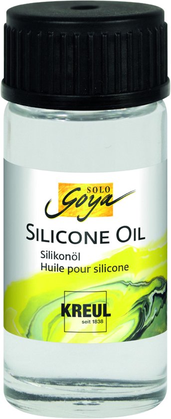 Flesje SOLO Goya Silicone Oil met zwarte dop. Op het etiket staat groene, gele en zwarte verf. Kreul seit 1838.