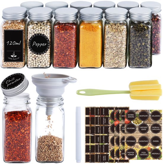 Set van 12 vierkante kruidenpotjes van Glas – Met etiketten, trechter en borstel – Voor kruiden, noten en snacks