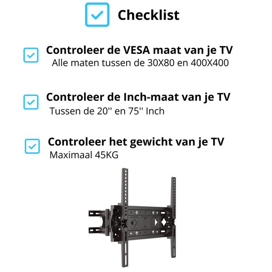 Innova® TV Muurbeugel Full Motion – 20 tot 75 inch – Draaibaar & Kantelbaar – tot 45 kg – Universeel