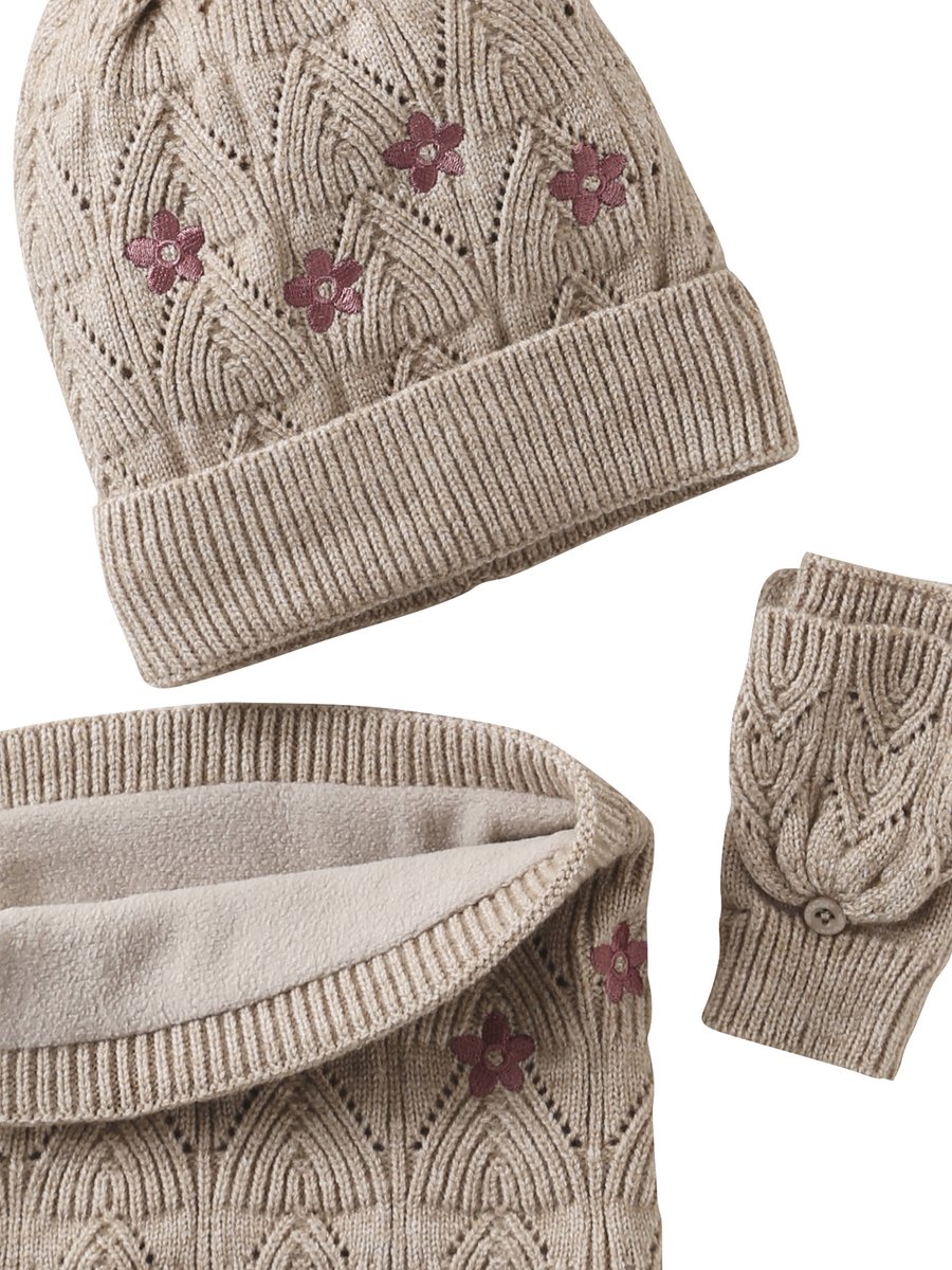 Vertbaudet Geborduurde set voor meisjes muts + snood + wanten/handschoenen van opengewerkt breisel