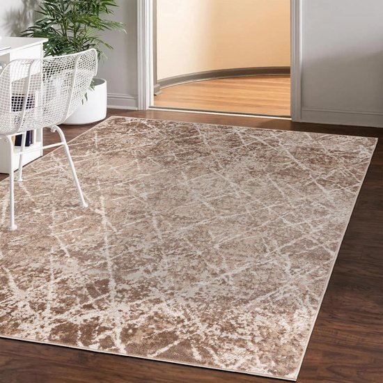 Mazovia Tapijt - Beige Modern Abstrakt Tapijt - Tapijt voor Woonkamer, slaapkamer, eetkamer, kantoor - Korte pool Rechthoekig - OEKO-TEX gecertificeerd - Stijlvol Tapijten - Beige Wit - 80 x 150 cm