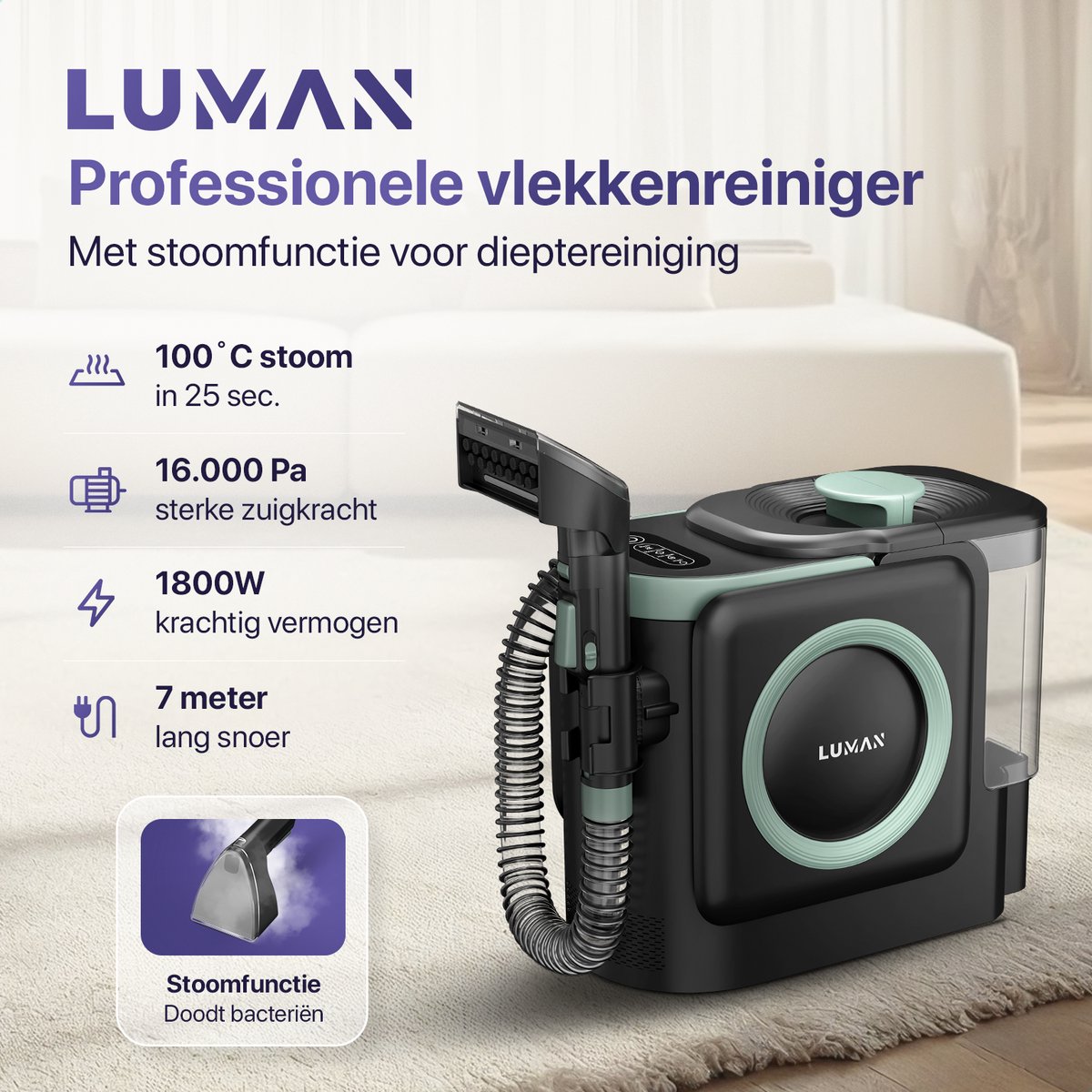 LUMAN 10 in 1 Tapijtreiniger PRO 1800W - 100°C Stoomfunctie en Zelfreinigend - Vlekkenreiniger - Stoomreiniger - Zetelreiniger - Reiniger voor bank, vloer, auto en tapijt - 7 Meter Snoer thumbnail 3
