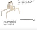 Roestvrijstalen veerclip en pen, met tekst "Stainless steel spring clip" en "Stainless steel bolt".