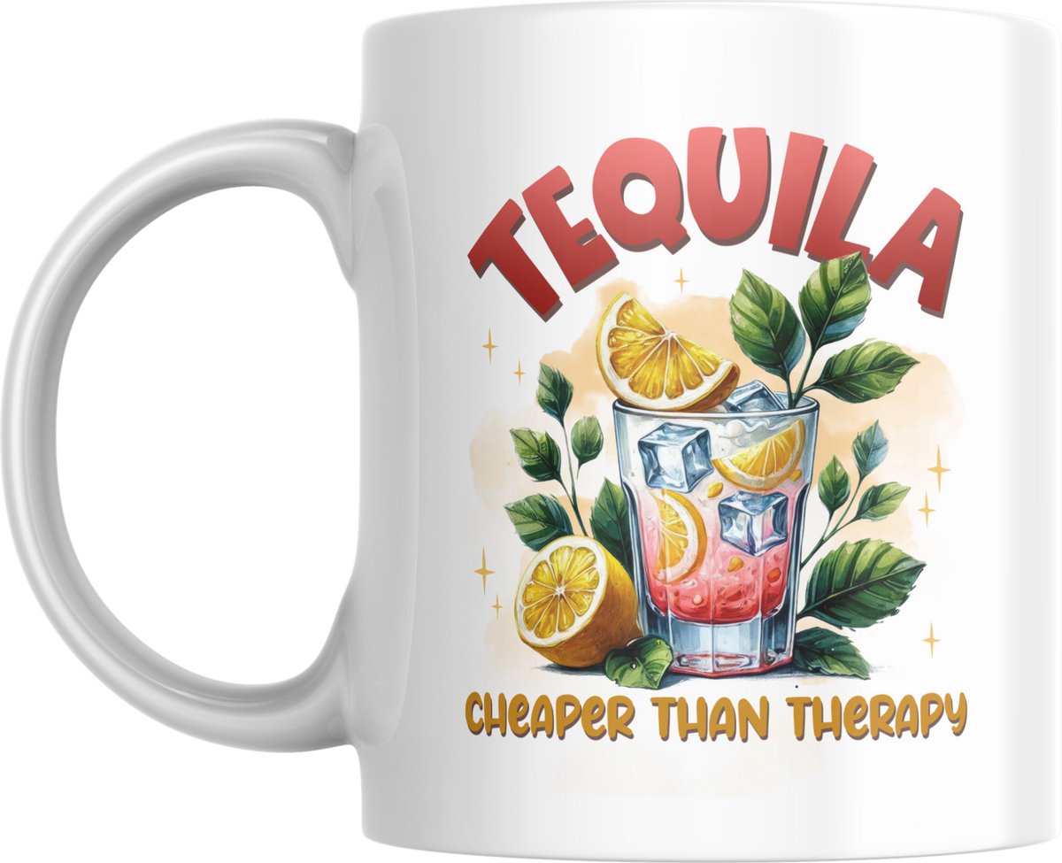 Mok 330ml – Tequila cheaper than therapy – Grappige mok met cocktail design – Dubbelzijdig bedrukt – Cadeau voor volwassenen