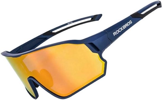 Donkerblauwe sportbril met grote oranje spiegelende glazen en een rood accent op de pootjes met het 'ROCKBROS' logo.