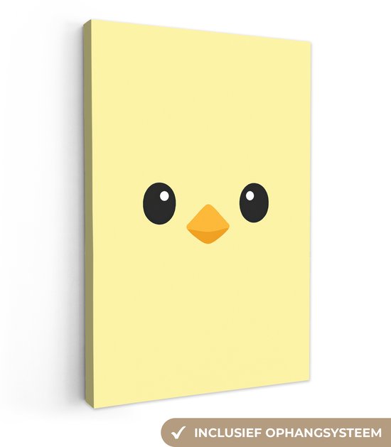 Geel canvas met een minimalistische kuikenkop, met grote zwarte ogen en oranje snavel, staand tegen een witte muur.