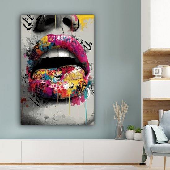 Canvas schilderij 80x120 cm - Wanddecoratie Lippen - Graffiti - Expressief - Muurdecoratie woonkamer - Slaapkamer decoratie - Kamer accessoires - Schilderijen op canvas