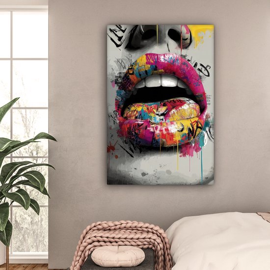 Canvas schilderij 80x120 cm - Wanddecoratie Lippen - Graffiti - Expressief - Muurdecoratie woonkamer - Slaapkamer decoratie - Kamer accessoires - Schilderijen op canvas
